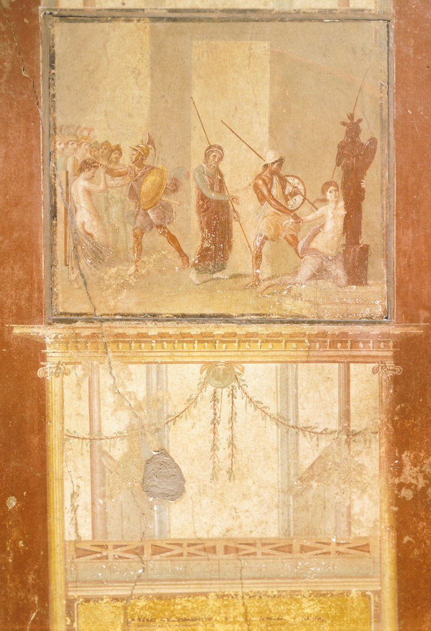 Fresko, joka kuvaa Priamuksen, Menelaoksen ja Helenan tapaamista sekä Arisacen tapaamista jahtaamassa Cassandraa Menanderin talosta, Pompejista, Campaniasta, roomalaisesta sivilisaatiosta af Roman Roman