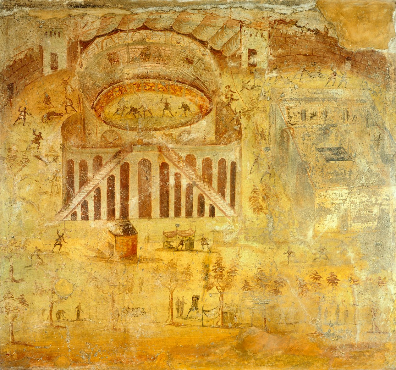Kalkmaleri, der skildrer skænderi mellem Pompeier og Nocerini i amfiteater, fra Pompeji, Campania, romersk civilisation af Roman Roman
