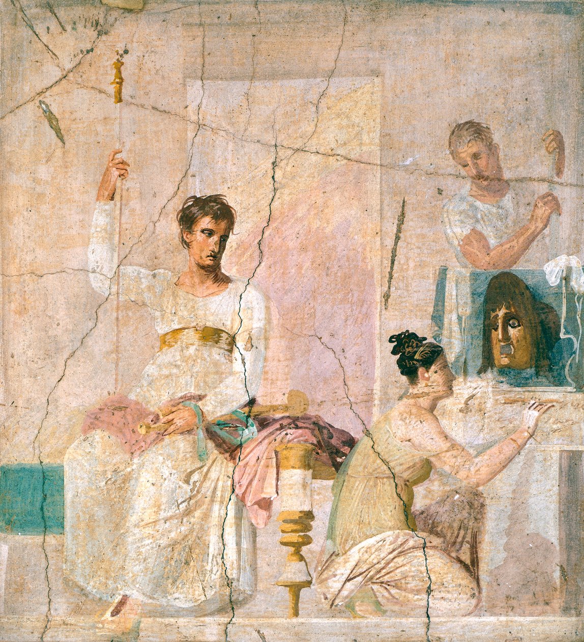 Kalkmaleri, der skildrer teaterscene, fra Basilica of Herculaneum (UNESCO World Heritage). af Roman Roman