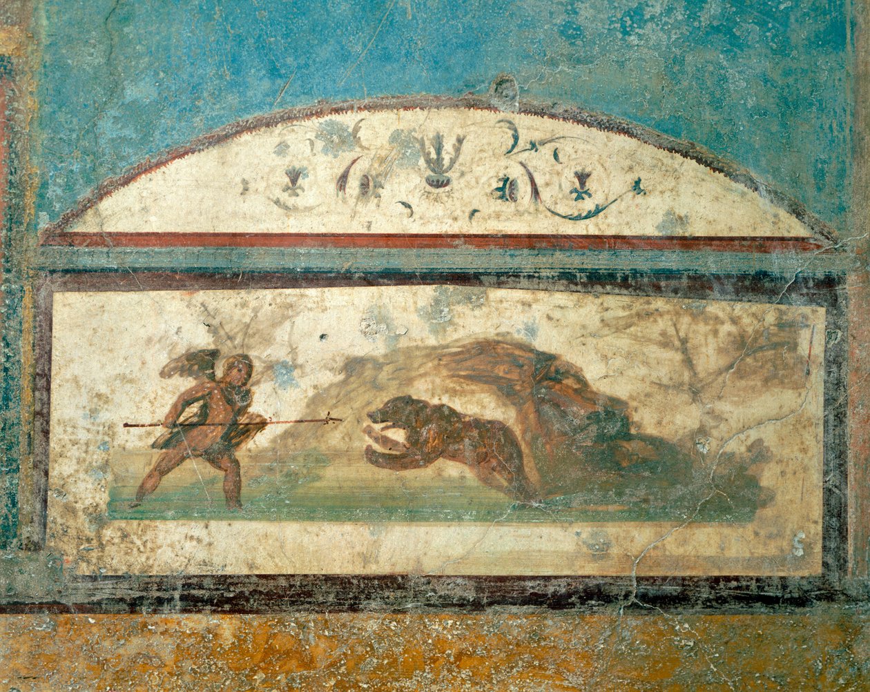 Fresko, der viser jagtscene, fra House of Ancient Hunt, Pompeji, Campania, romersk civilisation af Roman Roman