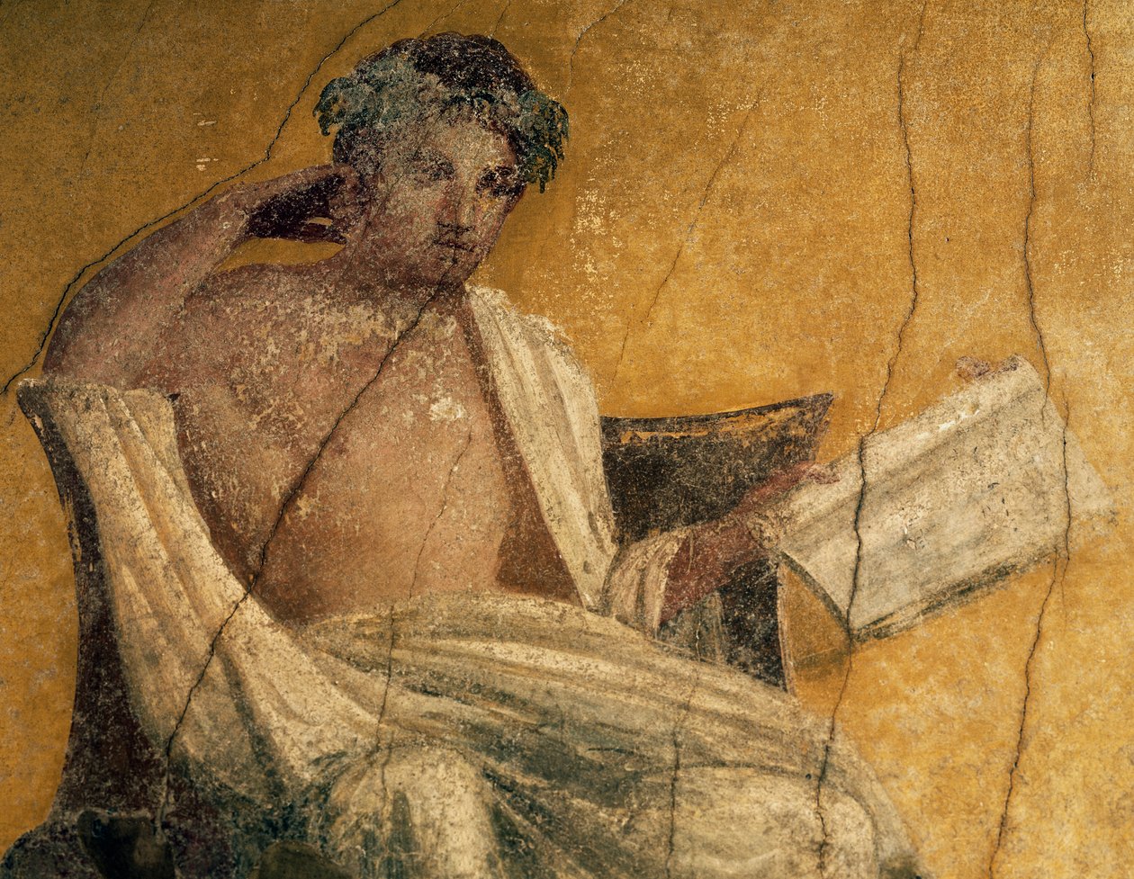 Kreikkalainen näytelmäkirjailija Menander, yksityiskohta freskosta, Menanderin talon perstyle, Pompei, Campania, Italia, roomalainen sivilisaatio af Roman Roman