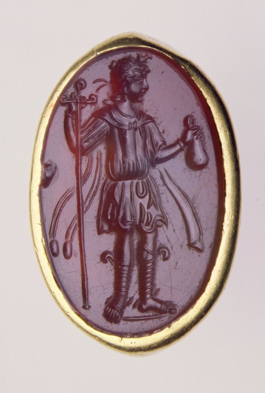 Dybtryk sat i en guldring forestillende ung mandsfigur, 2. århundrede f.Kr. (guld og sard) af Roman Roman