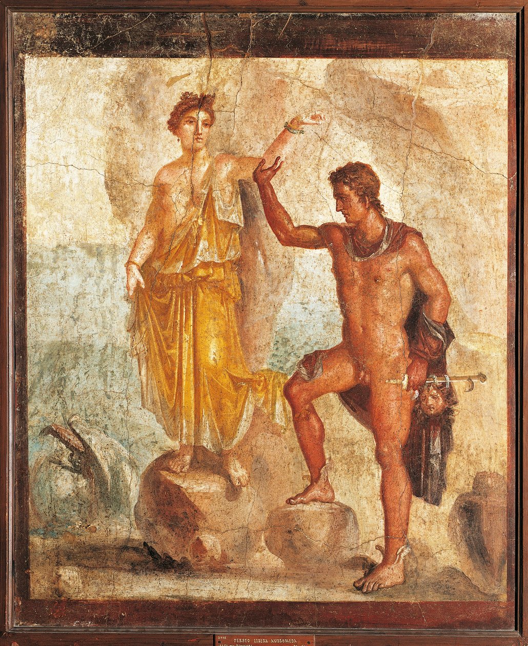Italia, Campania, Pompei, Perseus vapauttamassa Andromedan viiden luurangon talosta, fresko af Roman Roman