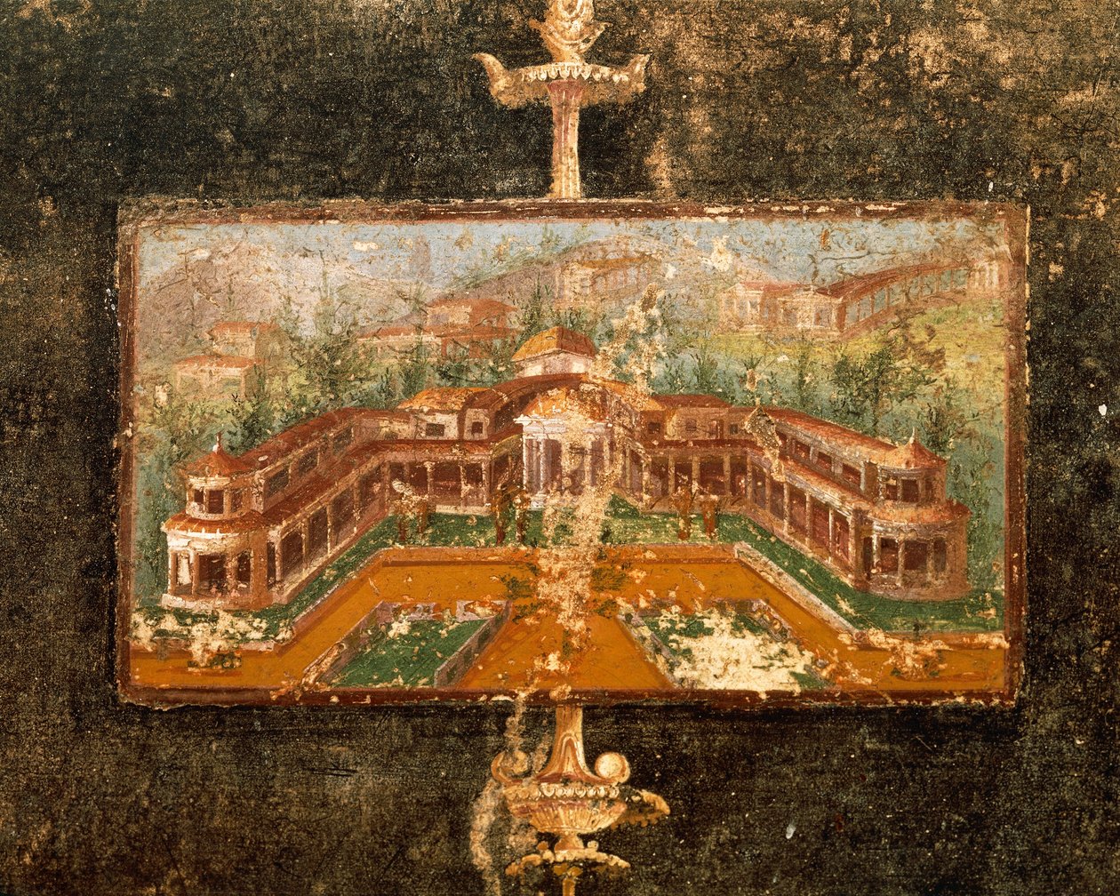 Landskab og arkitektur i vægmaleri i tablinum, 3. Pompeiansk stil, Marco Lucrezio Frontos hus, fra Pompeji, Campania, Italien af Roman Roman