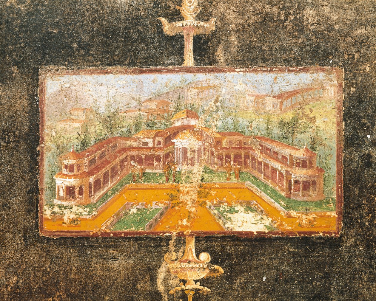Landskab og arkitektur i vægmaleri i tablinum, Marcus Lucretius Frontos hus, Pompeji, Campania, romersk civilisation af Roman Roman