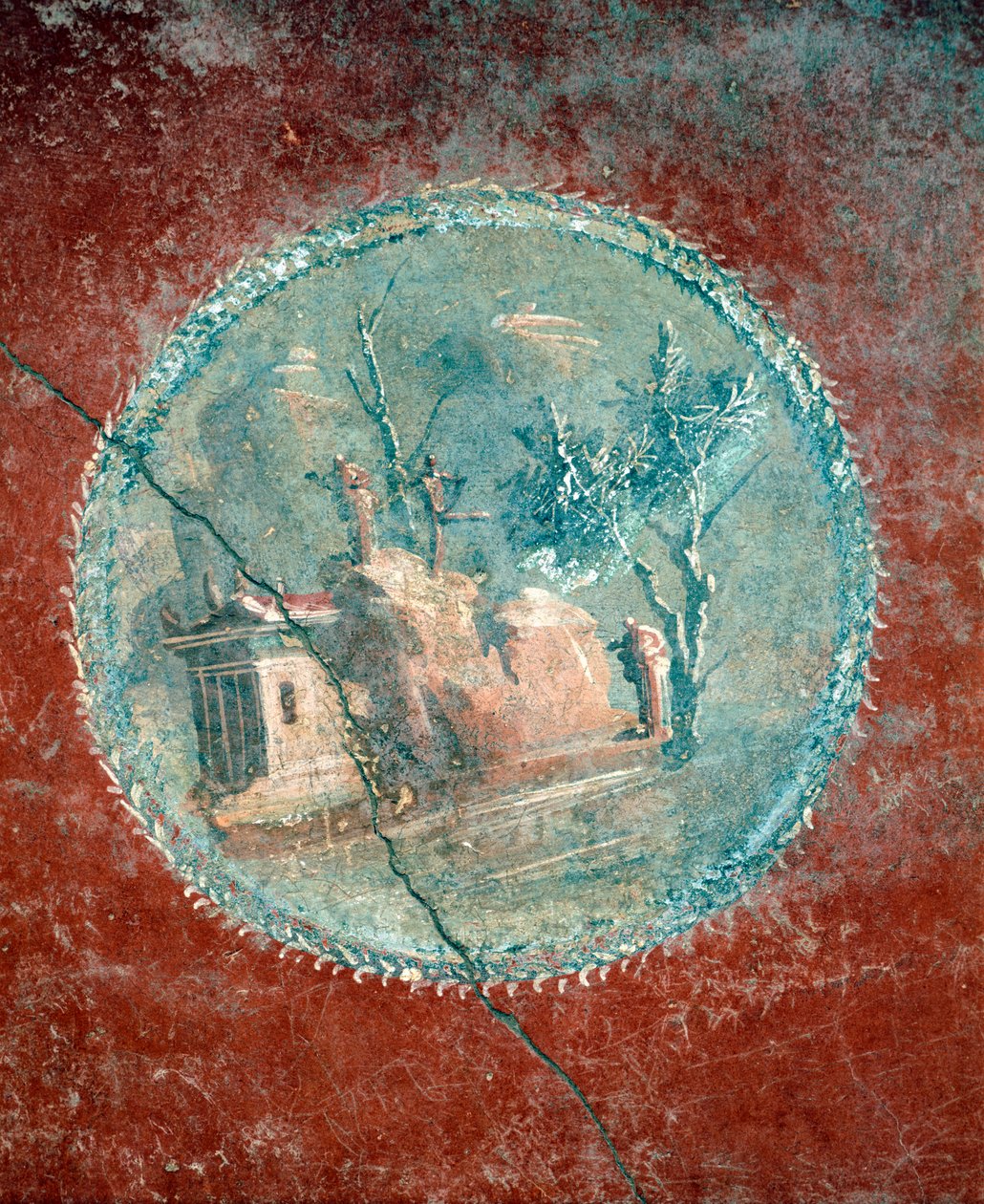 Medaljonki näyttää maisemaa keltaisella pohjalla, fresko House of Menanderista, Pompejista, Campaniasta, Rooman sivilisaatiosta af Roman Roman