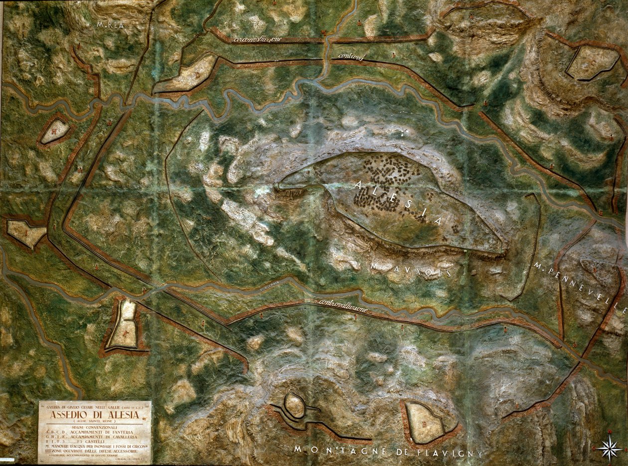 Model, der gengiver belejringen og slaget ved Alesia i september 52 f.Kr. af Jules Cesar, der så Vercingetorix nederlag. Skala 1/1000. Rom, Museo della Civilta Romana af Roman Roman