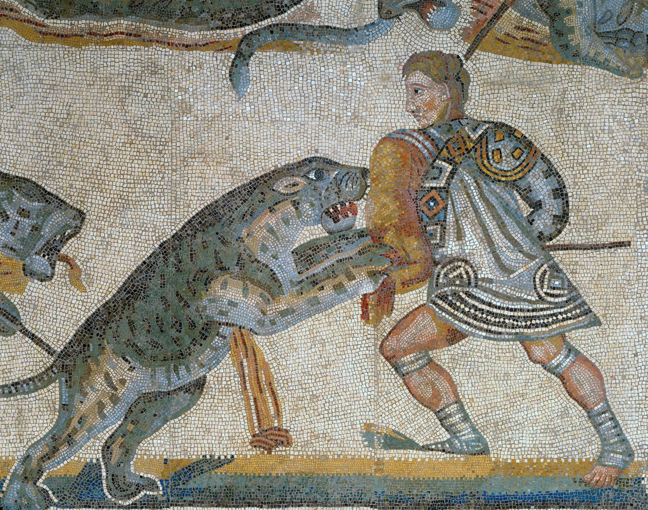 Mosaik med en scene af en jagt på et vildt dyr, detalje af en gladiator, der dræber et vildt dyr af Roman Roman