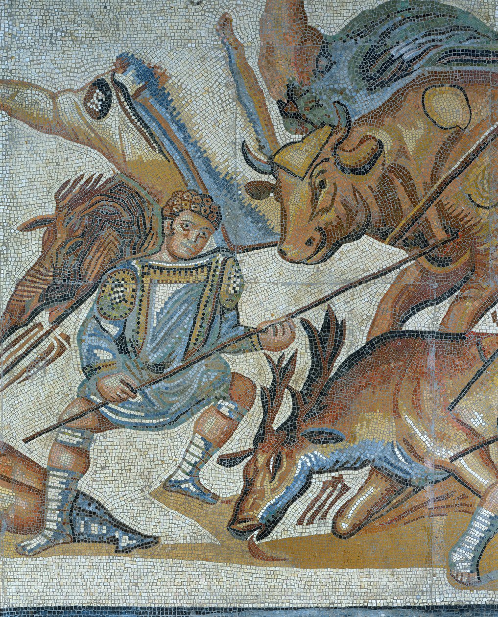 Mosaik med en scene af en jagt på vilde dyr, detalje af en gladiator, der dræber et dyr af Roman Roman