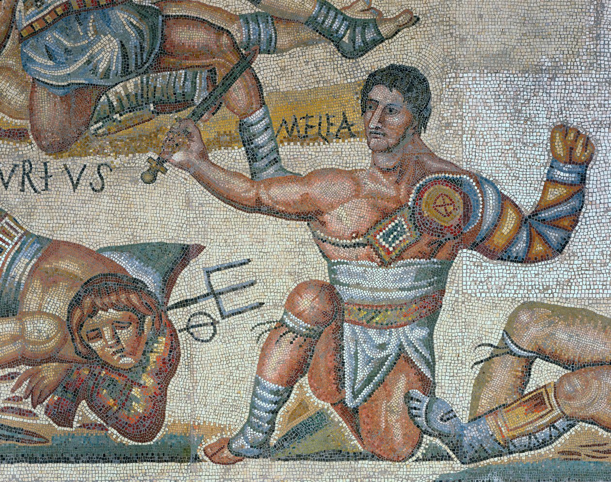 Mosaik med en scene med kæmpende gladiatorer, detalje af en triumferende gladiator af Roman Roman