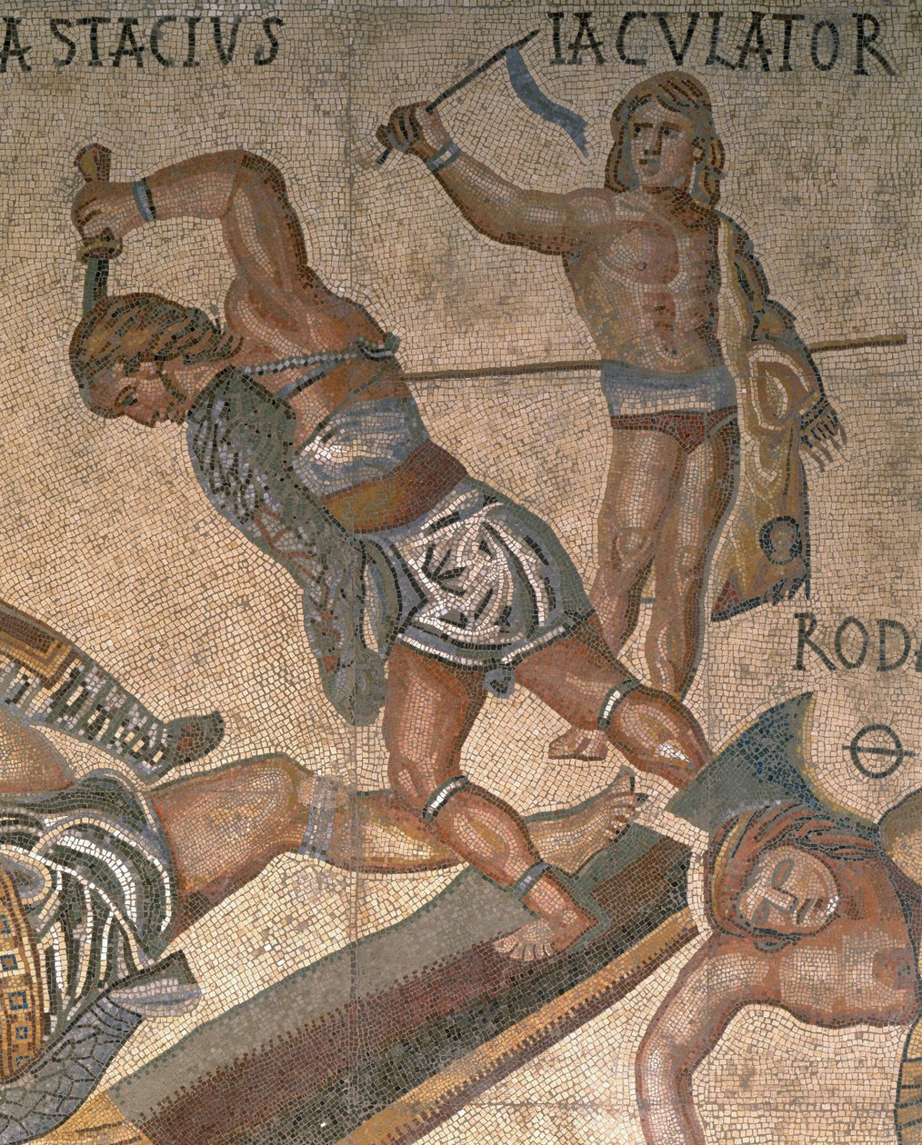 Mosaik med en scene med kæmpende gladiatorer, detalje af en gladiator iført rustning af Roman Roman