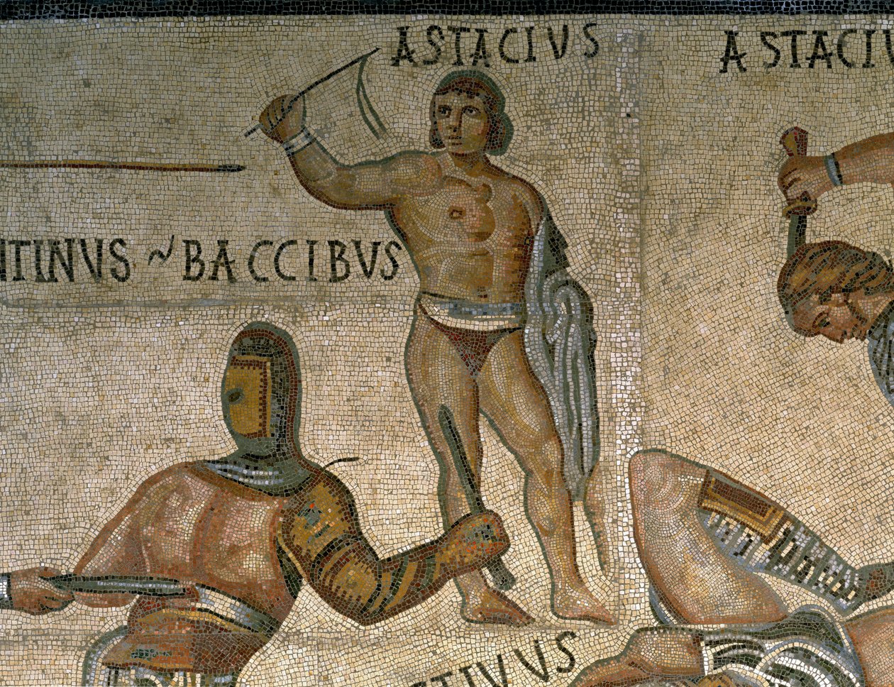 Mosaik med en scene med kæmpende gladiatorer, detalje af en gladiator iført rustning af Roman Roman