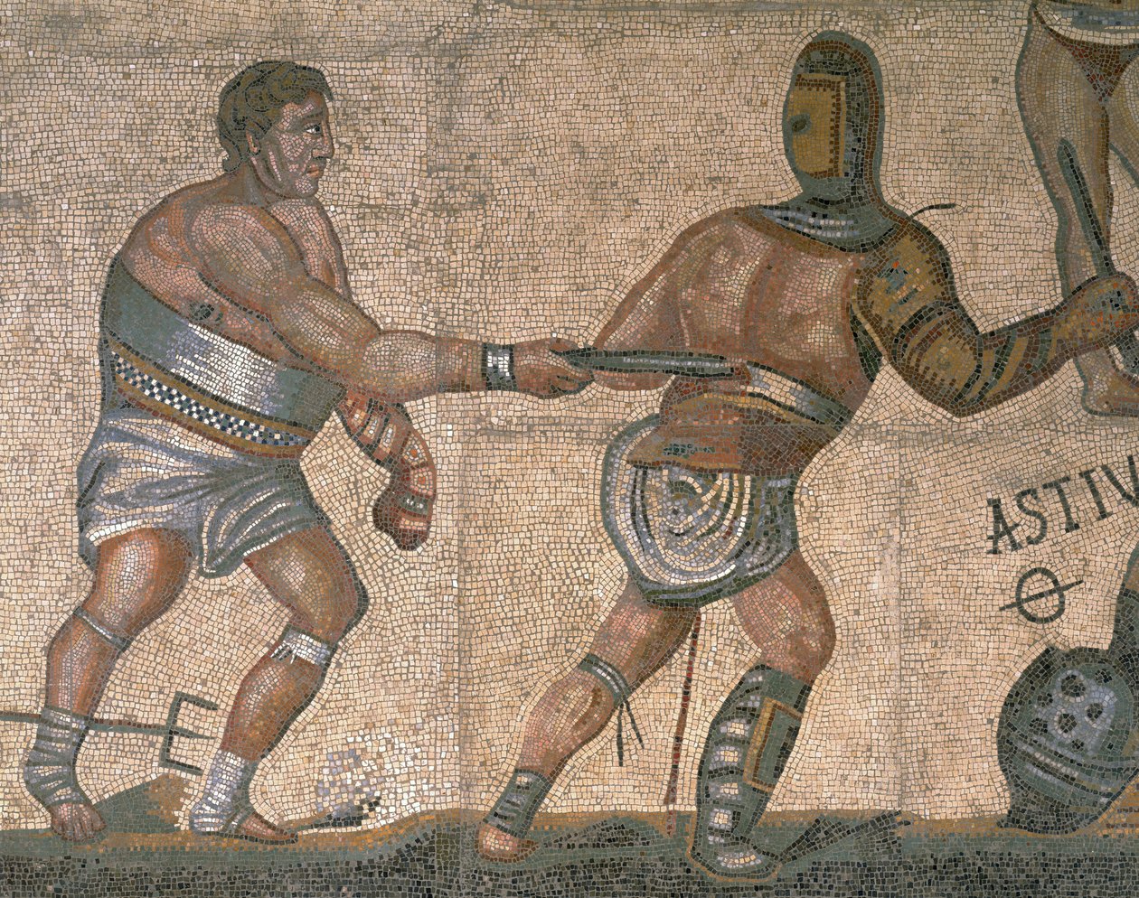 Mosaik med en scene med kæmpende gladiatorer, detalje af en gladiator iført rustning af Roman Roman
