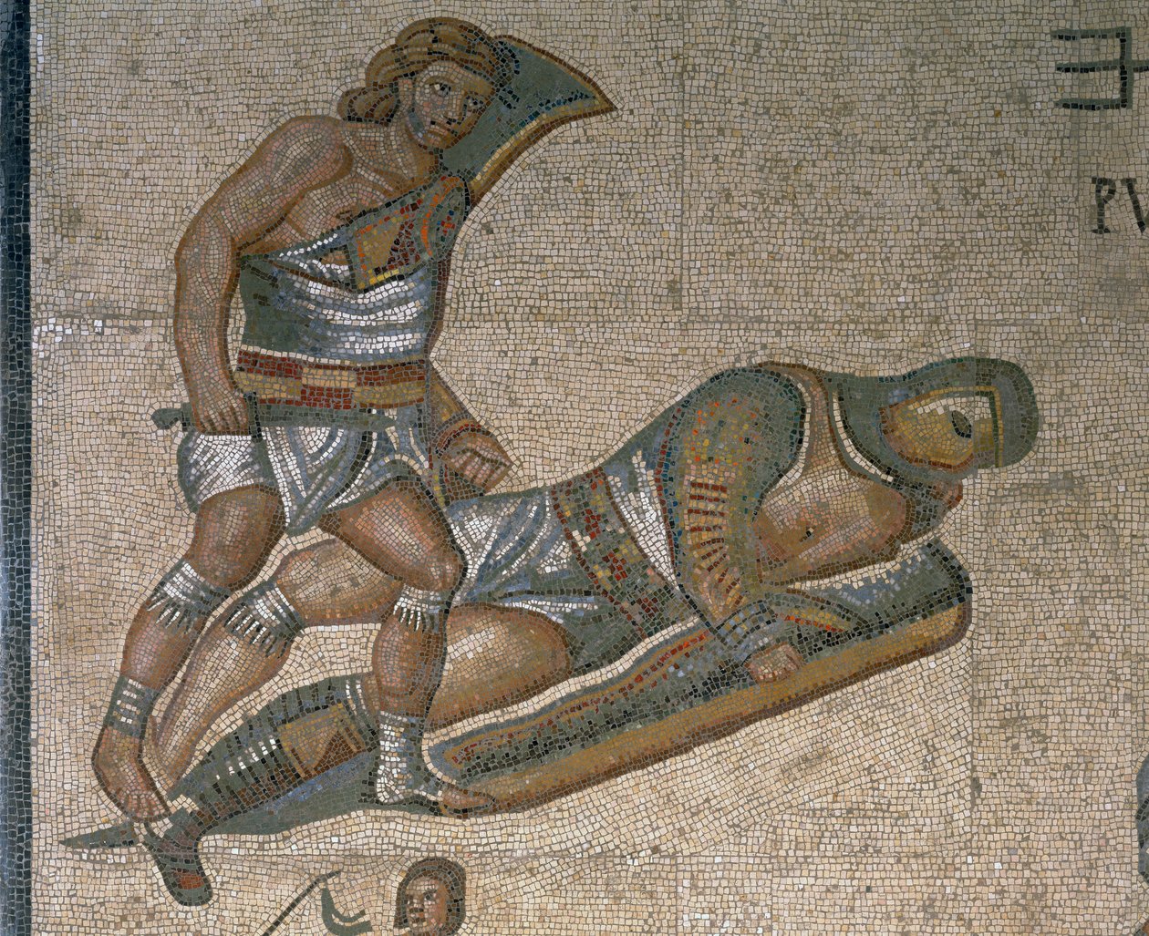 Mosaik med en scene med kæmpende gladiatorer, detalje af en gladiator iført rustning af Roman Roman
