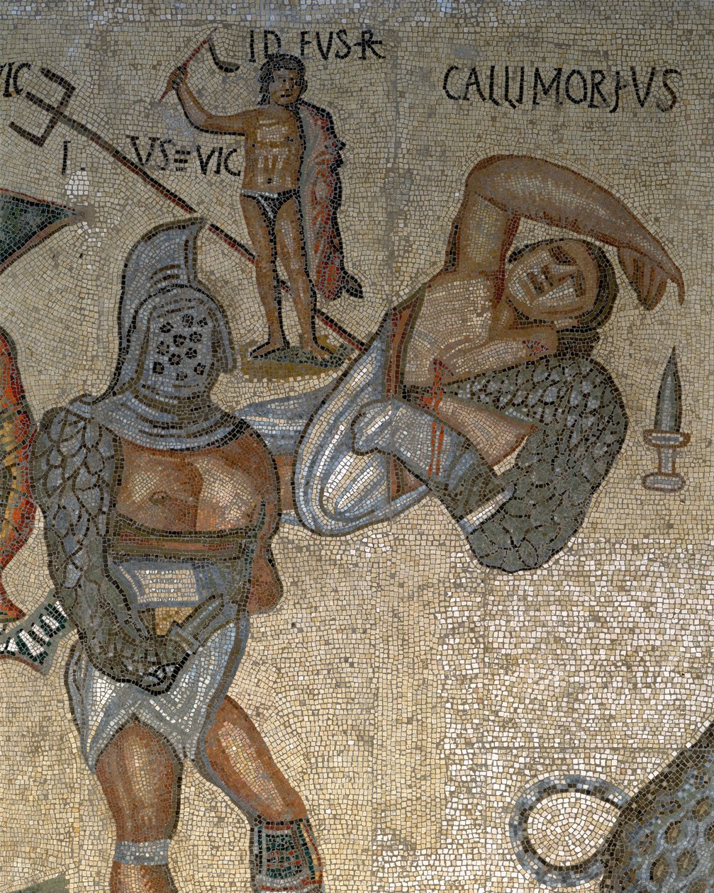 Mosaik med en scene med kæmpende gladiatorer, detalje af en gladiator iført rustning af Roman Roman