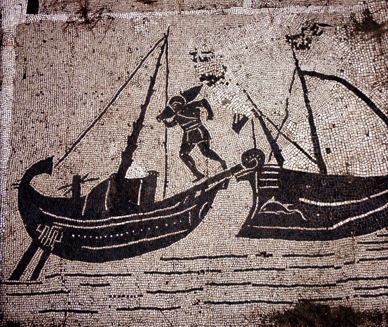 Ostia (Ostia) Gammel, mosaik af Place des Corporations. Læsning af en båd. af Roman Roman