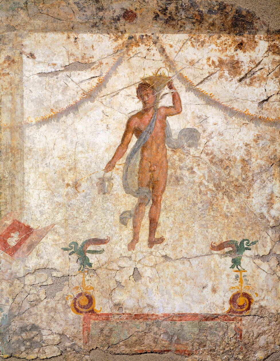 Maleri i den fjerde pompeianske stil, der forestiller et geni med en kurv og situla af Roman Roman