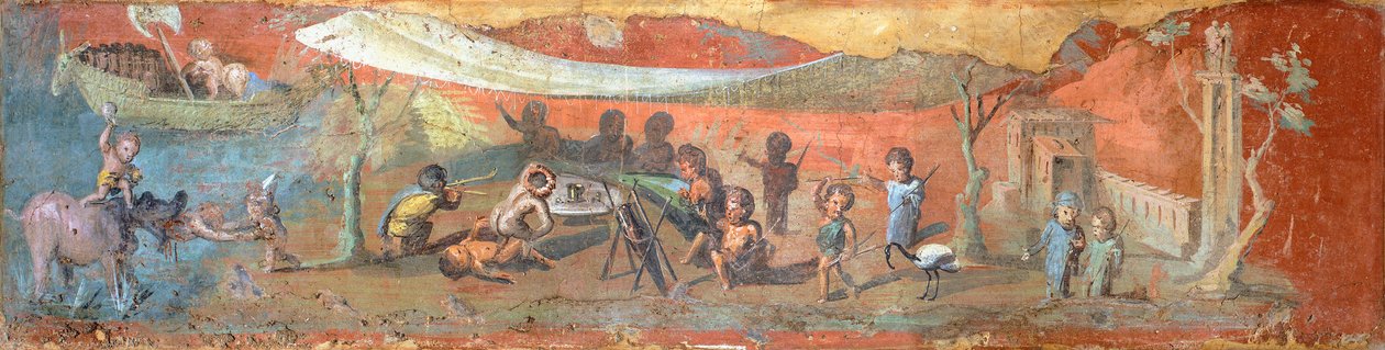Maleri på gips, der forestiller en scene langs Nilen med pygmæer, 56x217 cm, fra Pompeji (UNESCOs verdensarvsliste af Roman Roman
