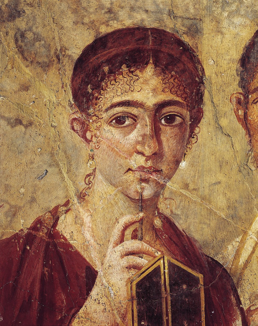 Portræt af bager Terentius Neo og hans kone i formelt tøj, detalje af hustruen med hendes penne og ditykon åben fra Italien, Campania, Pompeji, 55-79 e.Kr., maleri på gips af Roman Roman