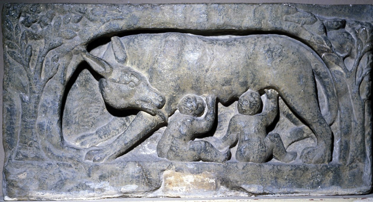Relief i kalksten af Lupercal (navnet på en hule i Rom): ulv med Romulus og Remus, Avenches Museum. af Roman Roman