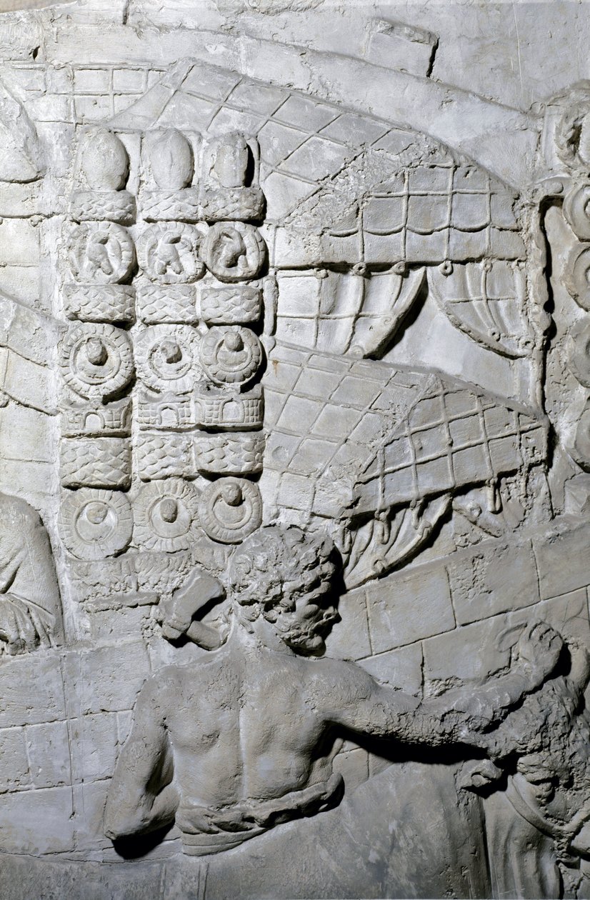Romersk kunst: "" romersk lejr"" Form fra 1862, der gengiver basreliefferne af søjlen af Trajan (søjle Trajane) (Colonna Traiana) i Rom bygget under kejser Trajans regeringstid (53-117). Trajane-søjlen mindes de sejrrige kampagner af Roman Roman