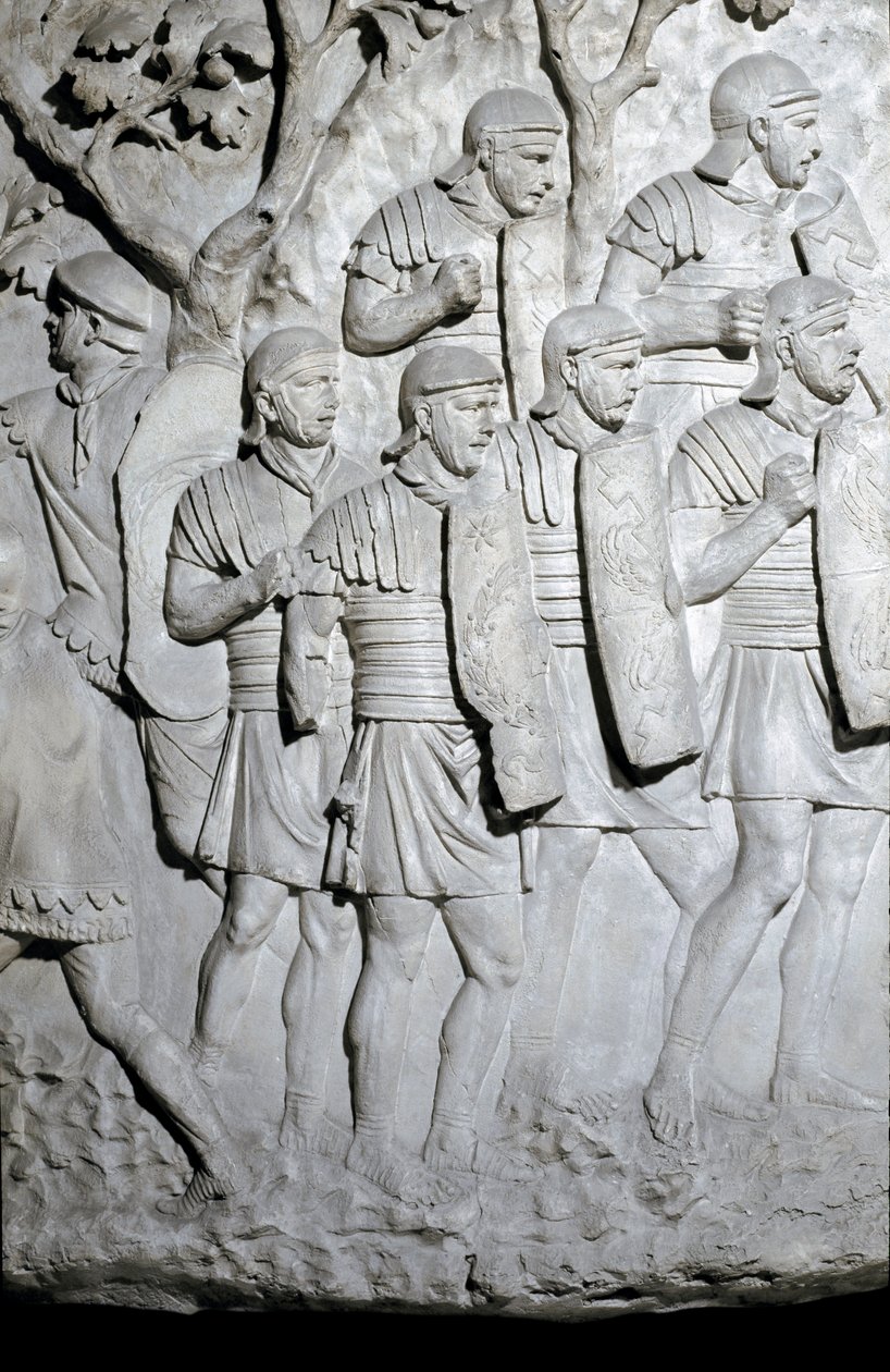 Romersk kunst: "" Romerske legionærer klar til kamp"" Form fra 1862, der gengiver basreliefferne af søjlen af Trajan (søjle Trajane) (Colonna Traiana) i Rom bygget under kejser Trajans regeringstid (53-117). Trajane-søjlen mindes sejren af Roman Roman