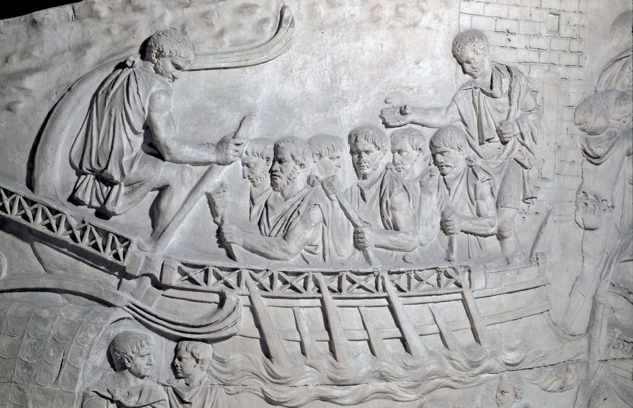 Romersk kunst: "" romerske soldater på en kabys på Donau under den første krig i Dacia"" Form fra 1862, der gengiver basreliefferne af søjlen af Trajan (søjle Trajane) (Colonna Traiana) i Rom bygget under kejserens regeringstid Trajan (53-117). Trajaen af Roman Roman