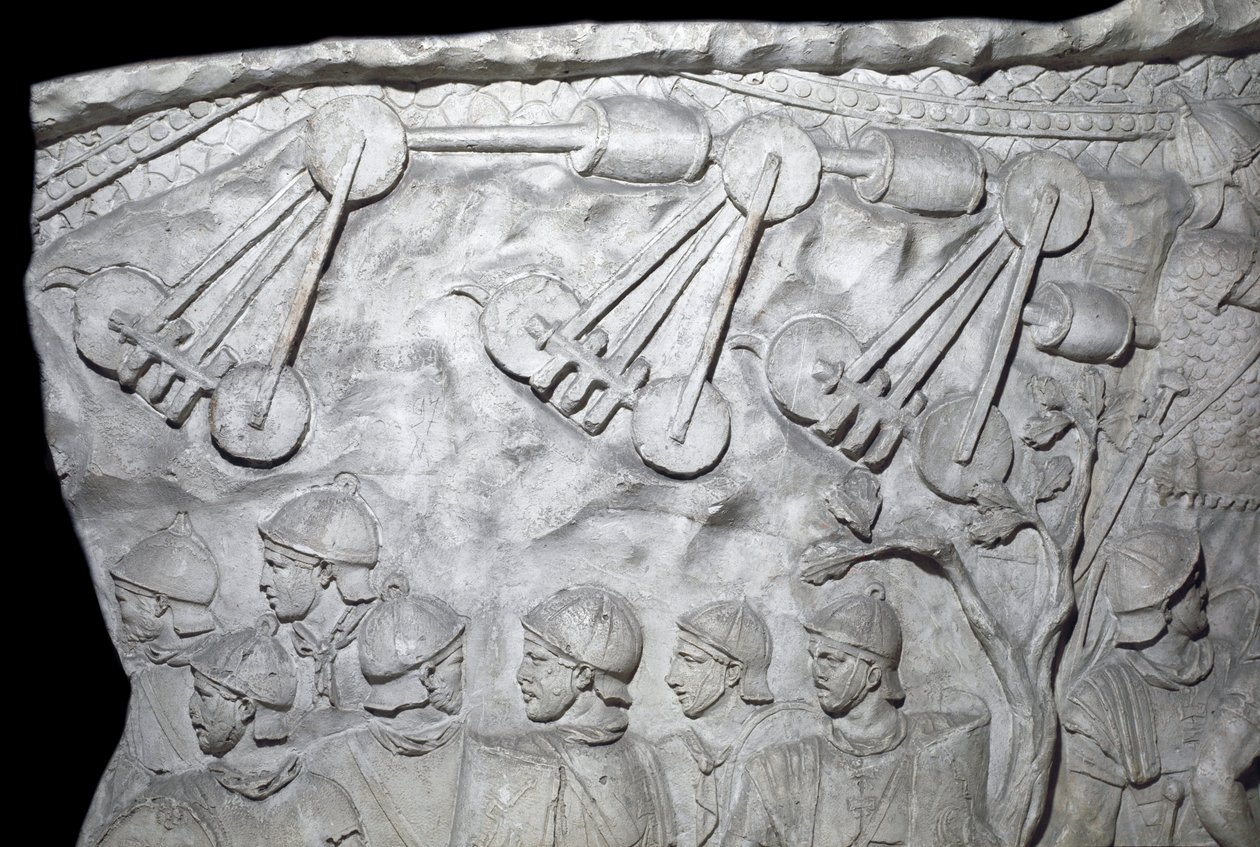 Romersk kunst: "" Krigsmaskiner under Anden Krig"" Form fra 1862, der gengiver basreliefferne af søjlen af Trajan (søjle Trajane) (Colonna Traiana) i Rom bygget under kejser Trajans regeringstid (53-117). Trajane-søjlen mindes sejren af Roman Roman