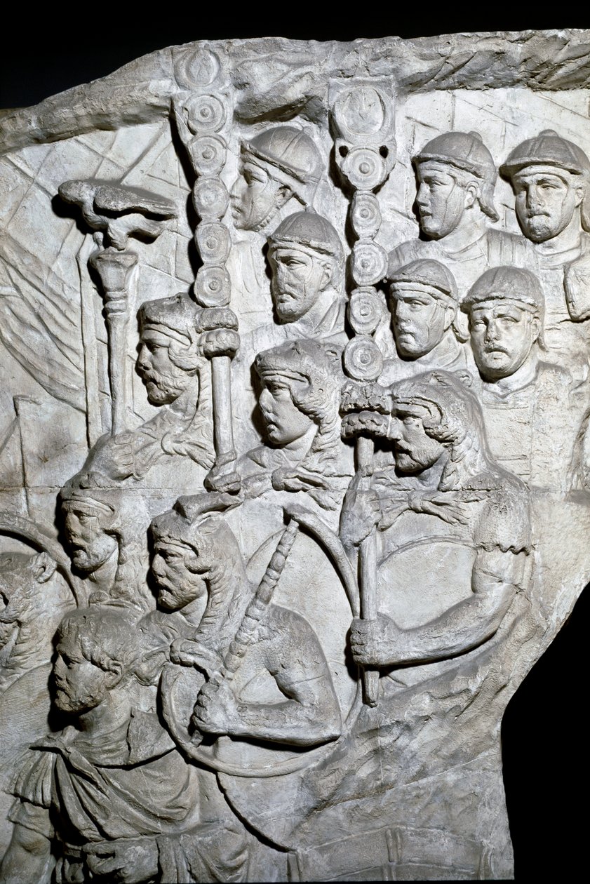 Romersk kunst: "" Warriors carrying Vexillum (romerske bannere)"" Form fra 1862, der gengiver basreliefferne af søjlen af Trajan (Trajane-søjlen) (Colonna Traiana) i Rom bygget under kejser Trajans regeringstid (53-117). Trajane-søjlen mindes v af Roman Roman