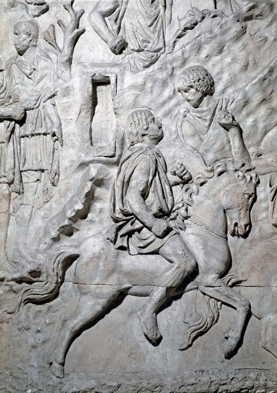 Romersk kunst: "" troede en numid rytter"" Form fra 1862, der gengiver basreliefferne af søjlen af Trajan (søjle Trajane) (Colonna Traiana) i Rom bygget under kejser Trajans regeringstid (53-117). Trajane-søjlen mindes den sejrrige cam af Roman Roman