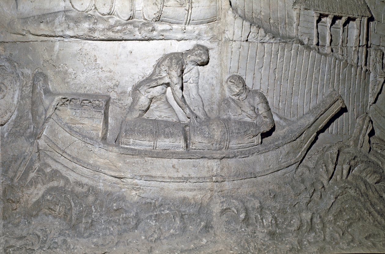 Romersk kunst: "" båd læsser proviant på Donau under den første krig i Dacia"" Form fra 1862, der gengiver bas-reliefferne af søjlen af Trajan (søjle Trajane) (Colonna Traiana) i Rom bygget under kejser Trajans regeringstid ( 53-117). Trajane co af Roman Roman