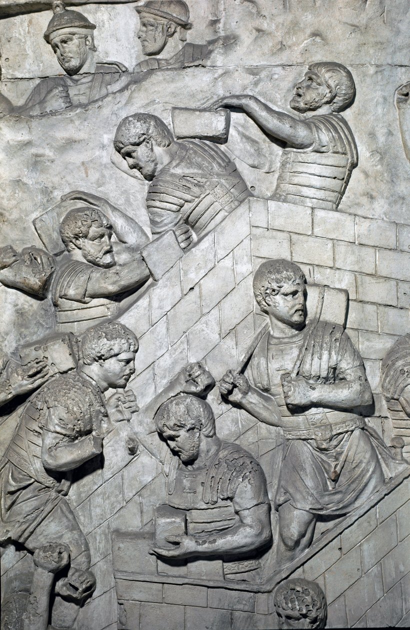 Romersk kunst: "" opførelse af et fort i den romerske lejr"" Form fra 1862, der gengiver basreliefferne af søjlen af Trajan (søjle Trajane) (Colonna Traiana) i Rom bygget under kejser Trajans regeringstid (53-117) . Trajanesøjlen mindes t af Roman Roman