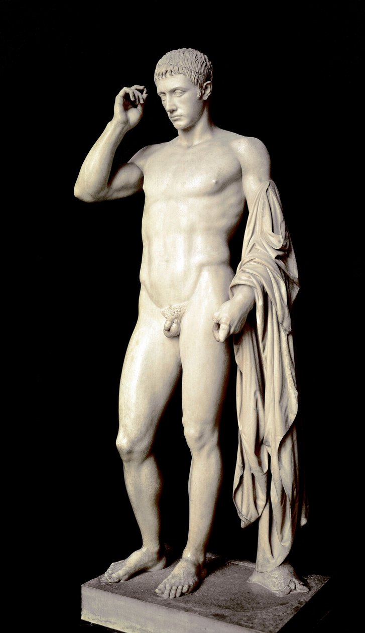 Romersk kunst: marmorskulptur af Marcus Claudius Marcellus (42-23 f.Kr.), nevø af Augustus, lavet af Cleomenes den athener, omkring 20 f.Kr., Dim. 190 cm - Paris, Louvre-museet - æresstatue af Marcellus (42-23 f.Kr.), nevø og første svigersøn af Aug. af Roman Roman