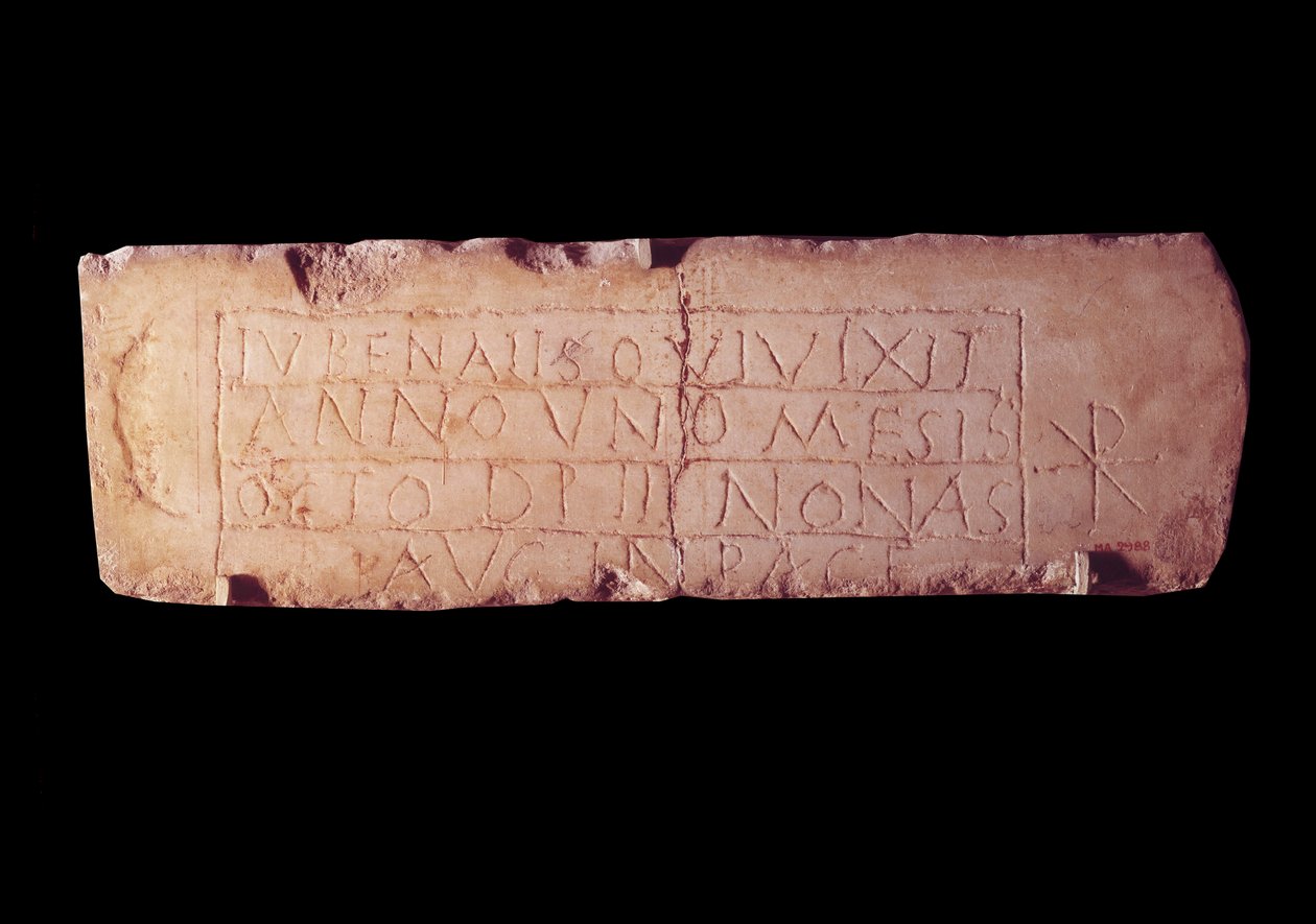 Romersk antikvitet: loculus plaque ved navn Jubenalis, epitafium af dødt barn. Fra Roms katakomber. Paris, Louvre-museet af Roman Roman