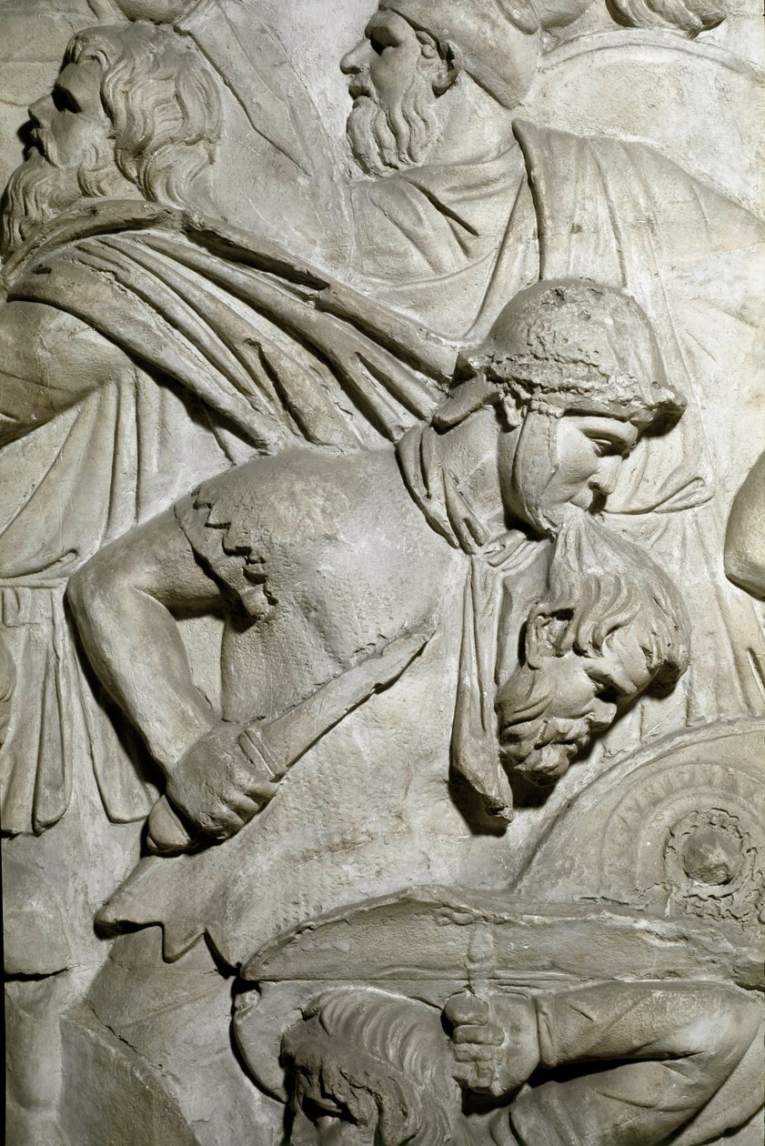 Romersk kunst: "" romersk kriger, der holder hovedet af en fjendtlig kriger mellem tænderne"" Form fra 1862, der gengiver basreliefferne af søjlen af Trajan (søjle Trajane) (Colonna Traiana) i Rom bygget under kejser Trajans regeringstid ( 53-117). Trajane af Roman Roman