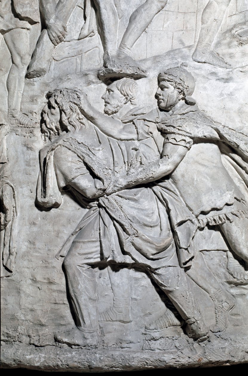 Romersk kunst: "" en dace soldat, fange af romerske soldater""" Form fra 1862, der gengiver basreliefferne af søjlen af Trajan (søjle Trajane) (Colonna Traiana) i Rom bygget under kejser Trajans regeringstid (53-117) . Trajane-søjlen mindes v af Roman Roman