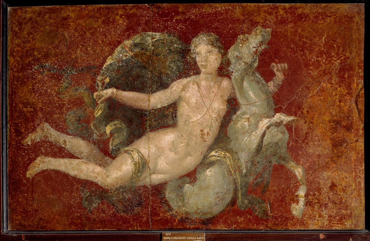 Romersk kunst: en kvinde, der rider på en havhest. Fresko fra Stabia. Napoli, Museo Archeologico Nazionale - Romersk kunst: en kvinde, der rider på en havhest. Fresko fra Stabia. Nationalt arkæologisk museum, Napoli, Italien af Roman Roman