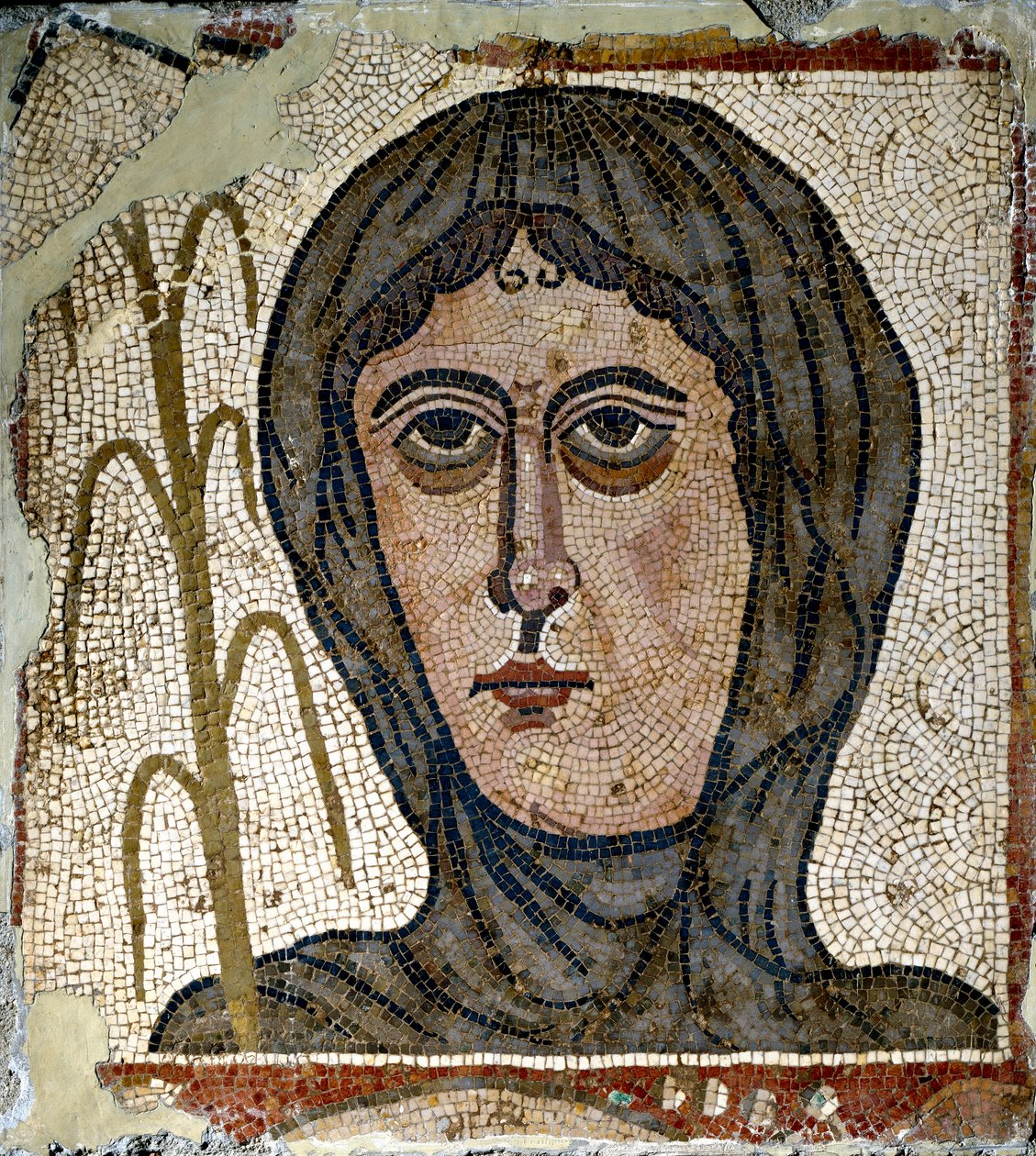Romersk kunst: allegori om vinteren som en kvinde iført slør. Mosaik fra det 5. århundrede. Fra Quintana del Marco (Leon) Spanien Madrid, Nationalt Arkæologisk Museum af Roman Roman