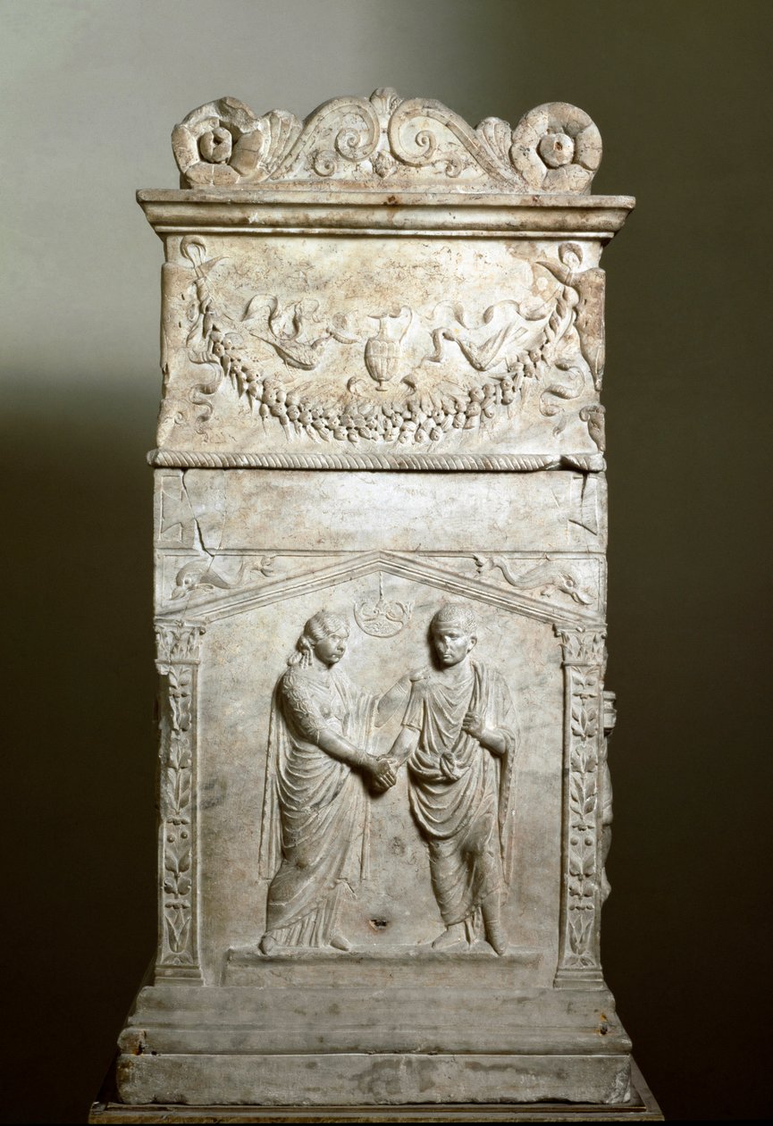 Romersk kunst: begravelsesalter, der dekorerer scenen for et bryllup (Junctio dextrarum) - Lavrelief - Rom, Museo Nazionale Romano - Ægteskabshåndtryk (Junctio dextrarum) - Marmorrelief, romersk kunst, fra et ægtepars begravelsesalter - Rom, Museo Nazio af Roman Roman