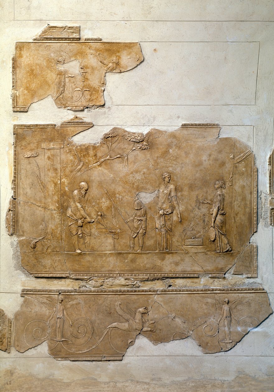 Romersk kunst: indledning til Dionysos mysterier: fejring af dionysiske ritualer. Lavt relief kommer fra området ved Villa Farnesina. Rom, Museo Nazionale Romano (o delle Terme) af Roman Roman