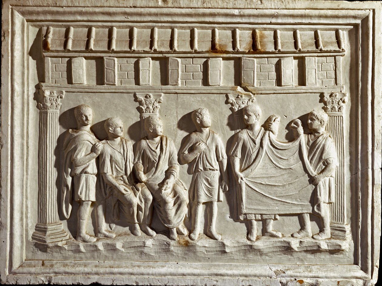 Romersk kunst: lavreliefform, der repræsenterer et stof og gobeliner. Fra en original fra det 2. århundrede e.Kr. Rom Museo della Civilta Romana af Roman Roman