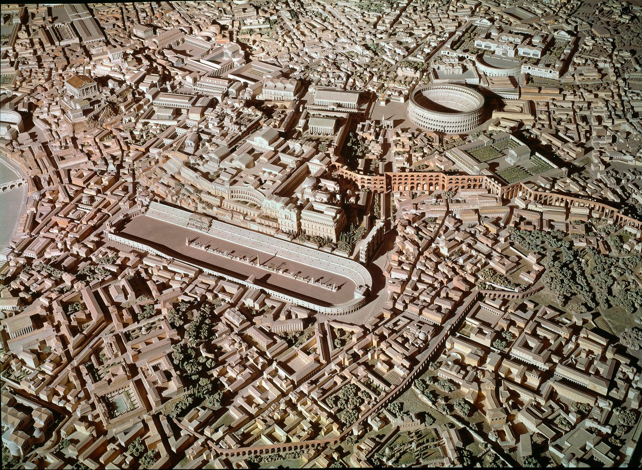 Romersk kunst: model, der forestiller byen Rom under antikken. I midten reserverer Circus Maximus eller Grand Circus til kampvognsløb. Rom, Museo della Civilta romana - romersk kunst. Cirkus Maximus og etruskiske mure. Detalje fra rekonstruktionsmodellen af Roman Roman
