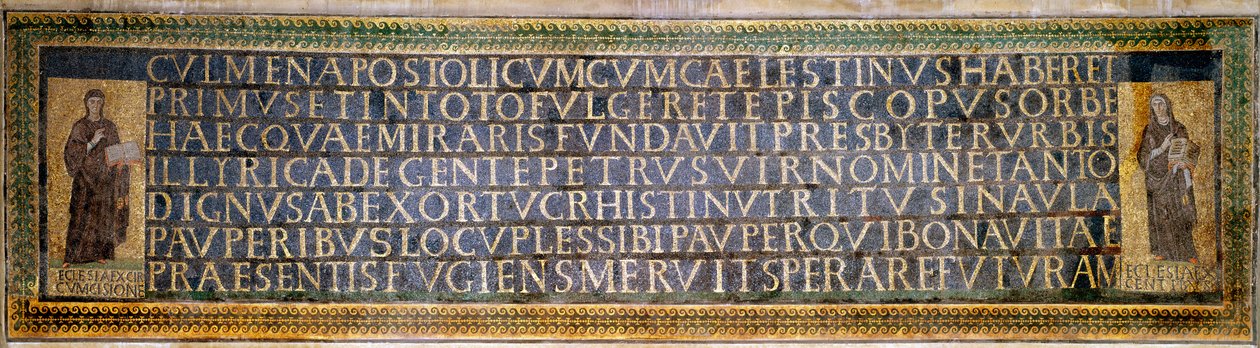 Romersk kunst: mosaik, der bærer dedikationen til Saint Sabine, kristen martyr i det 2. århundrede. Den bærer navnene på Peter af Illyrien (Pietro d