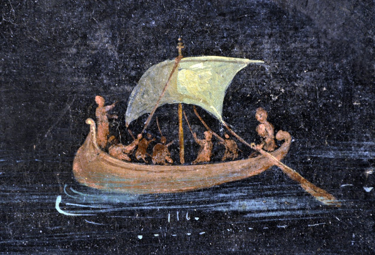 Romersk kunst: flodscene - båd og sømænd på en flod (flod) - fragment af en fresko fra Pompei bevaret på det arkæologiske museum i Napoli, Italien - Museo Archeologico Nazionale, Napoli, Italien - Foto Patrice Cartier - af Roman Roman