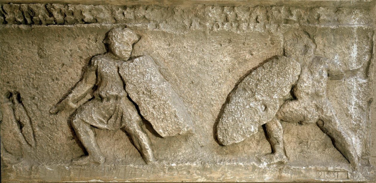 Romersk kunst: scene for kamp mellem romere og gallere. Gengivelse af en frise af den orange bue. Rom, Museo della Civilta Romana af Roman Roman