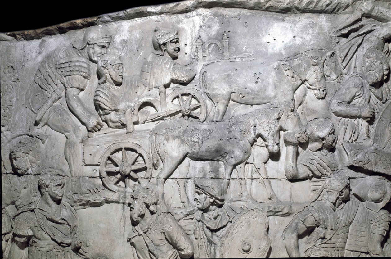 Romersk kunst: "" den romerske armé i gang"" Form fra 1862, der gengiver basreliefferne af søjlen af Trajan (søjle Trajane) (Colonna Traiana) i Rom bygget under kejser Trajans regeringstid (53-117). Trajane-søjlen mindes den sejrrige campa af Roman Roman