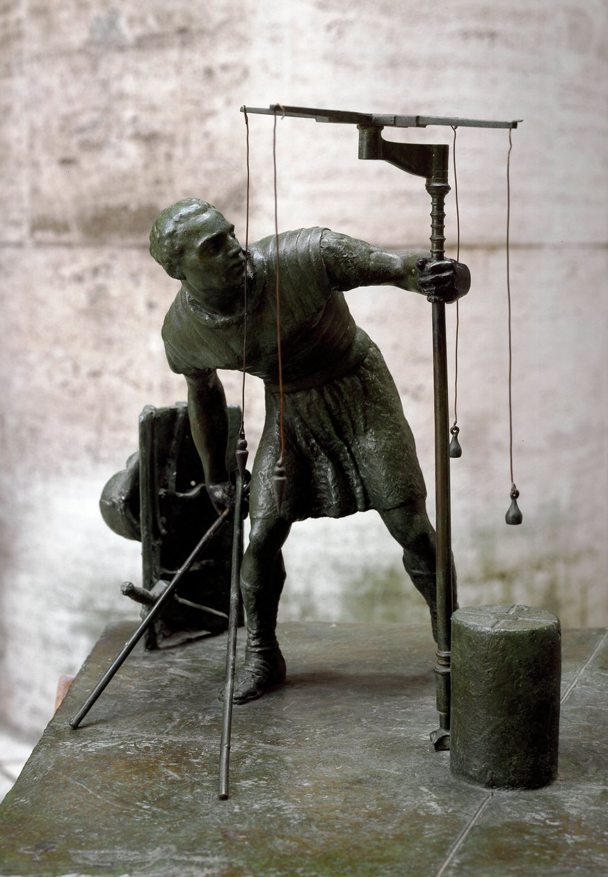 Romersk kunst: "" gromatikeren"" En landmåler (agrimeners) måler jorden ved hjælp af en groma (gruma). Bronze skulptur. Rom, Museum for romersk civilisation af Roman Roman