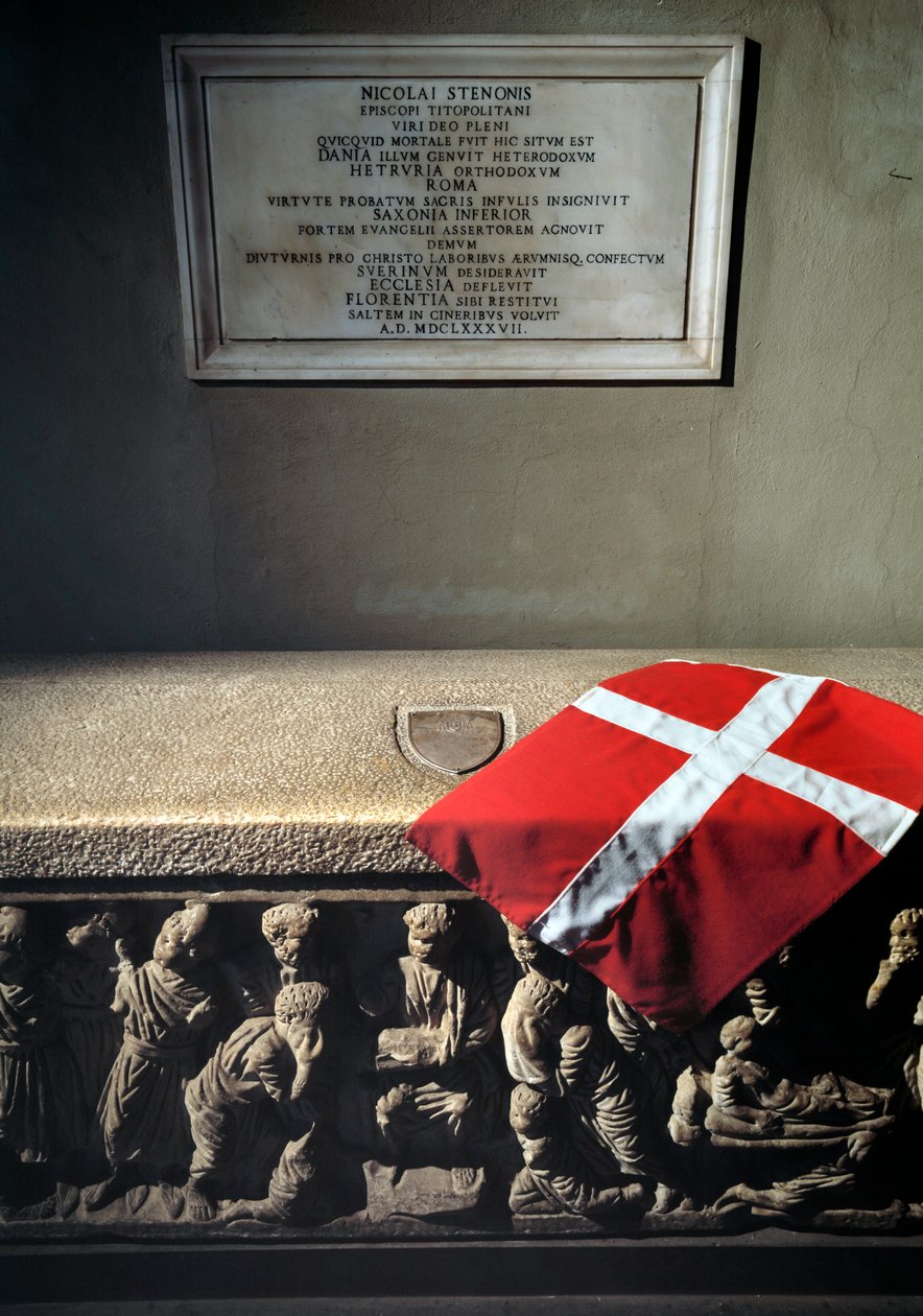 Romersk sarkofag bruges som grav af Niccolo Stenone (Niels Stensen eller Steensen) (1638-1686) anatom og geolog (romersk sarkofag brugt som grav af Stensen (Nicolai Steno)) Firenze, San Lorenzo kirken (kirken i St. Lawrence) Italien af Roman Roman