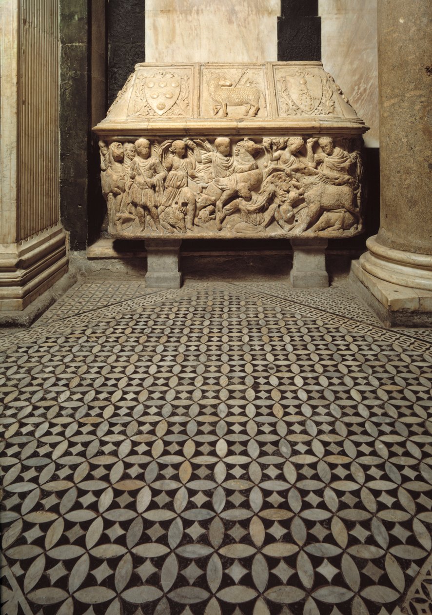 Romersk sarkofag med relieffer af en vildsvinejagtscene, låg dekorerer Medicis-familiens arme af Roman Roman