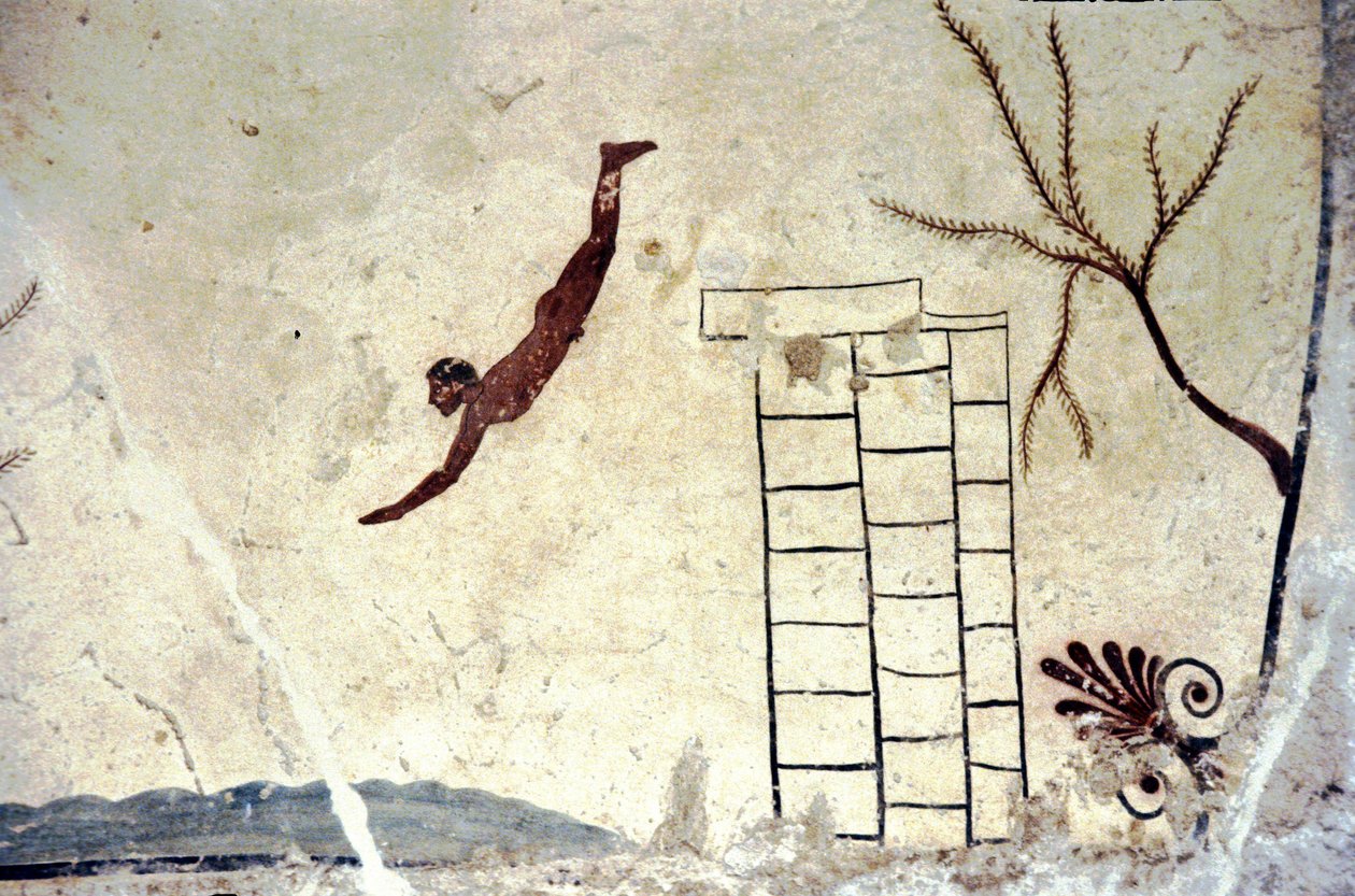 Romersk vægmaleri af graven kaldet dykkeren (tuffatore). af Roman Roman